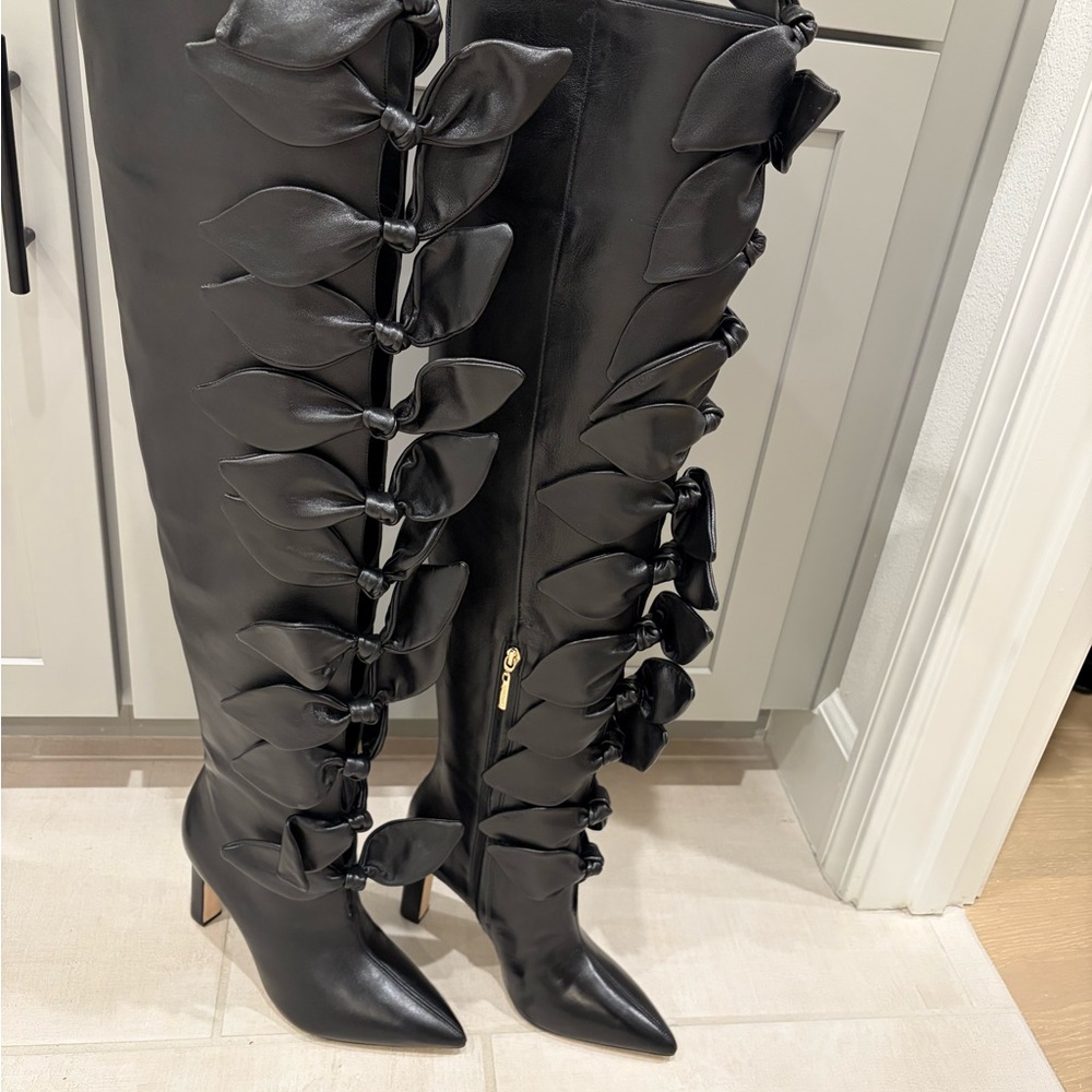 Larroude Black Over the Knee Boots with Bow Accents